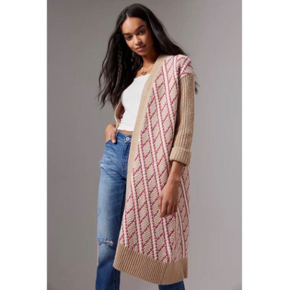 Anthropologie Patrice Long Geometric Cardigan Sweater Duster Tan Pink Small